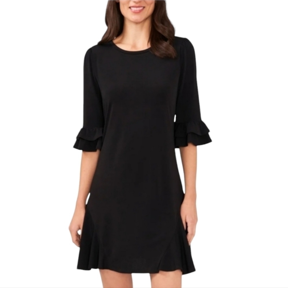 CeCe: 3/4 Sleeve Ruffled Knit Black Dress M